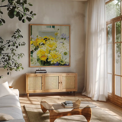 Cottage Susans and Daisies by Shirley Novak. Shown in a natural wood frame in a cozy modern living room. Available as an archival giclee rolled canvas, fine art paper, or poster print. SKU 91148a.