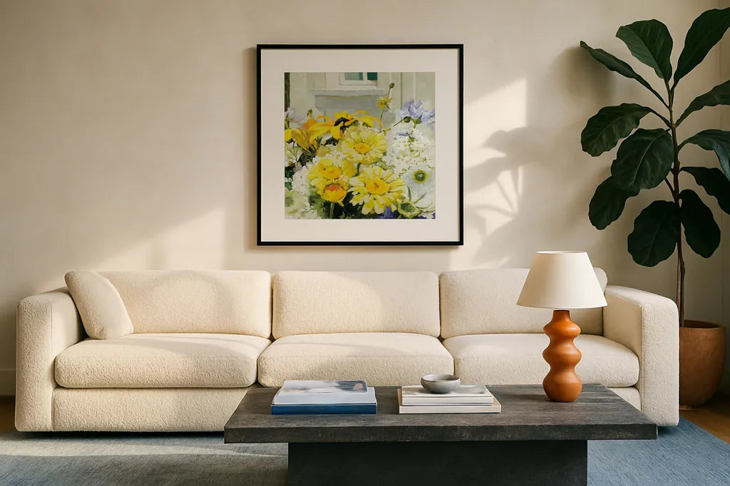 Cottage Susans and Daisies by Shirley Novak. Displayed in a glass frame with matte in a clean modern living room. Available as an archival giclee rolled canvas, fine art paper, or poster print. SKU 91148a.