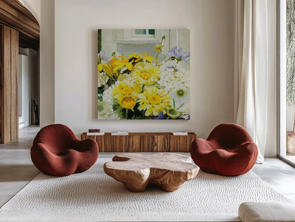 Cottage Susans and Daisies by Shirley Novak. Shown as extra-large giant wall art in a modern living room. Available as an archival giclee rolled canvas, fine art paper, or poster print. SKU 91148a.