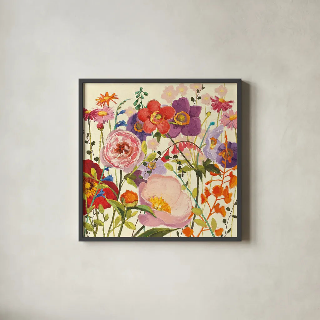 Couleur Printemps II by Shirley Novak. Shown in a sleek black glass frame for a contemporary gallery look. Available as an archival giclee rolled canvas, fine art paper, or poster print. SKU 12586a.