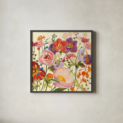 Couleur Printemps II by Shirley Novak. Shown in a sleek black glass frame for a contemporary gallery look. Available as an archival giclee rolled canvas, fine art paper, or poster print. SKU 12586a.