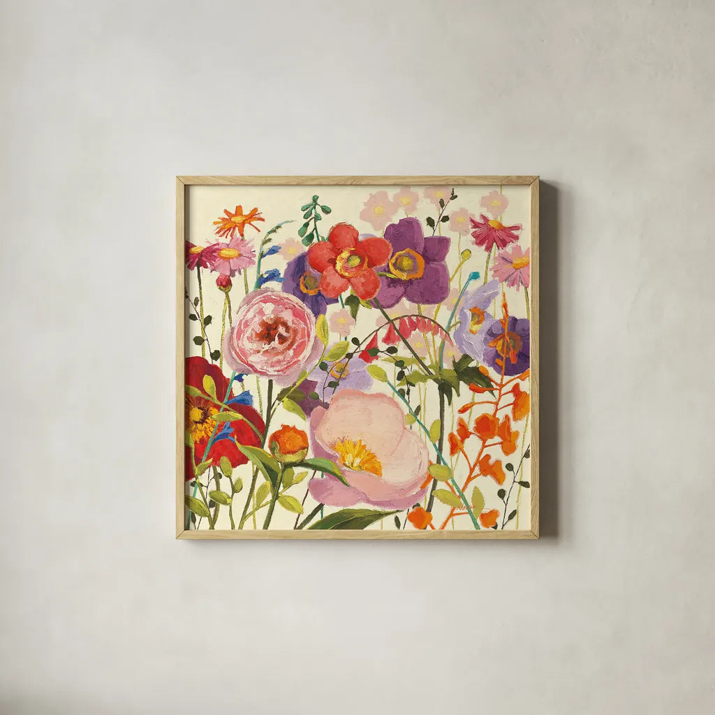 Couleur Printemps II by Shirley Novak. Shown in a natural wood glass frame for a timeless modern aesthetic. Available as an archival giclee rolled canvas, fine art paper, or poster print. SKU 12586a.