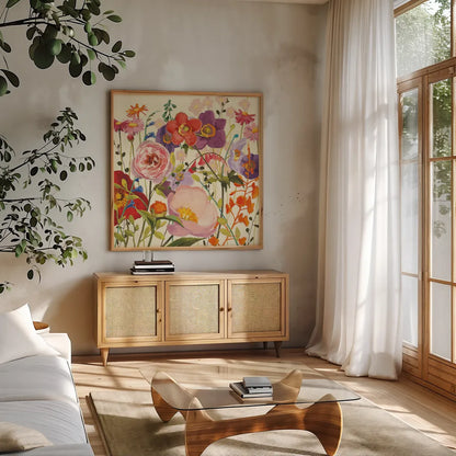 Couleur Printemps II by Shirley Novak. Shown in a natural wood frame in a cozy modern living room. Available as an archival giclee rolled canvas, fine art paper, or poster print. SKU 12586a.