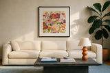 Couleur Printemps II by Shirley Novak. Displayed in a glass frame with matte in a clean modern living room. Available as an archival giclee rolled canvas, fine art paper, or poster print. SKU 12586a.