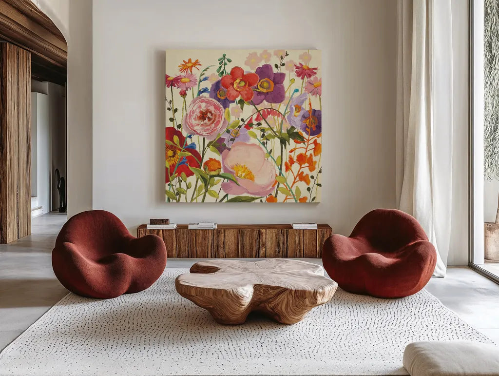 Couleur Printemps II by Shirley Novak. Shown as extra-large giant wall art in a modern living room. Available as an archival giclee rolled canvas, fine art paper, or poster print. SKU 12586a.