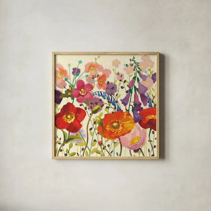 Couleur Printemps III by Shirley Novak. Shown in a natural wood glass frame for a timeless modern aesthetic. Available as an archival giclee rolled canvas, fine art paper, or poster print. SKU 12587a.