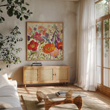 Couleur Printemps III by Shirley Novak. Shown in a natural wood frame in a cozy modern living room. Available as an archival giclee rolled canvas, fine art paper, or poster print. SKU 12587a.