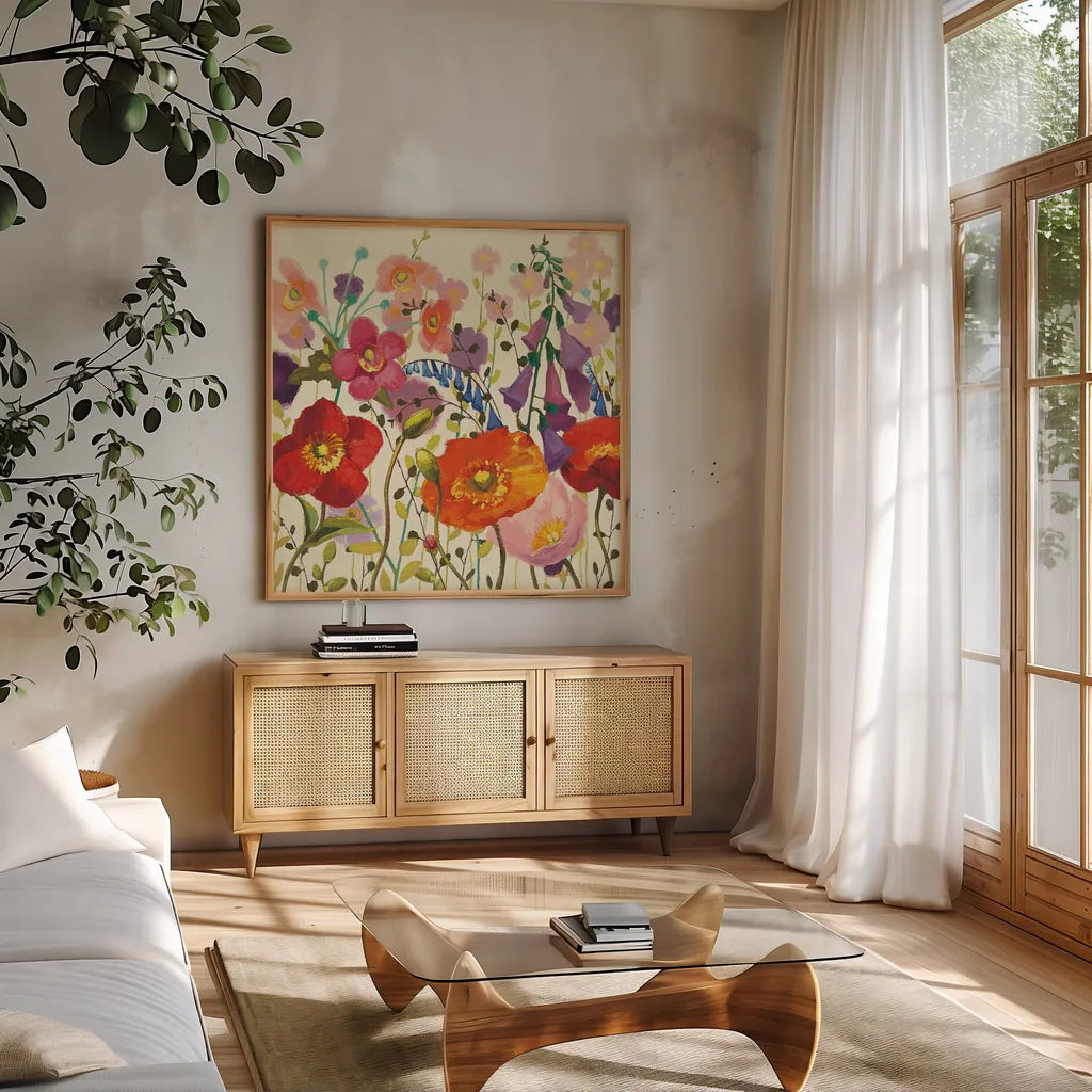 Couleur Printemps III by Shirley Novak. Shown in a natural wood frame in a cozy modern living room. Available as an archival giclee rolled canvas, fine art paper, or poster print. SKU 12587a.