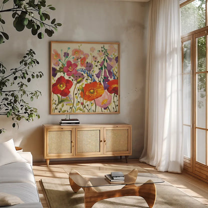Couleur Printemps III by Shirley Novak. Shown in a natural wood frame in a cozy modern living room. Available as an archival giclee rolled canvas, fine art paper, or poster print. SKU 12587a.
