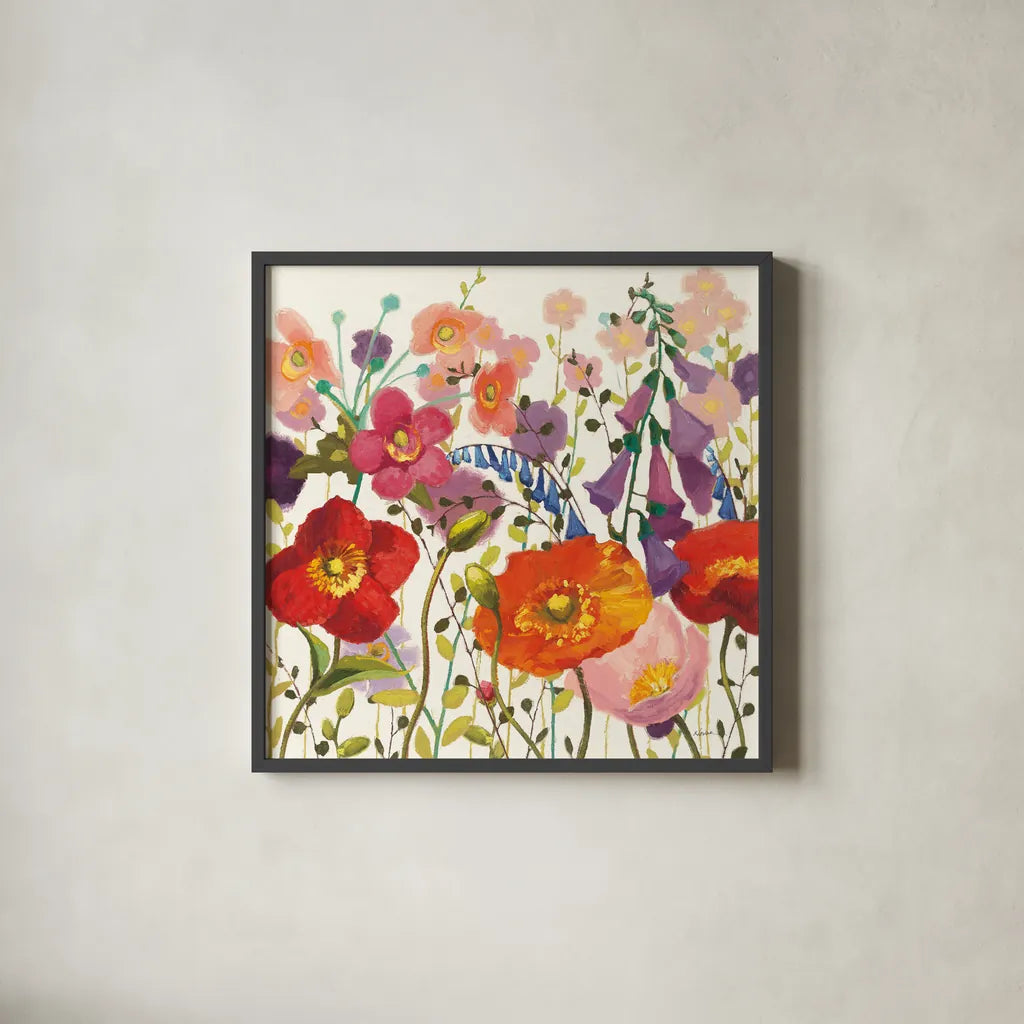 Couleur Printemps III White by Shirley Novak. Shown in a sleek black glass frame for a contemporary gallery look. Available as an archival giclee rolled canvas, fine art paper, or poster print. SKU 89660a.