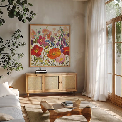 Couleur Printemps III White by Shirley Novak. Shown in a natural wood frame in a cozy modern living room. Available as an archival giclee rolled canvas, fine art paper, or poster print. SKU 89660a.