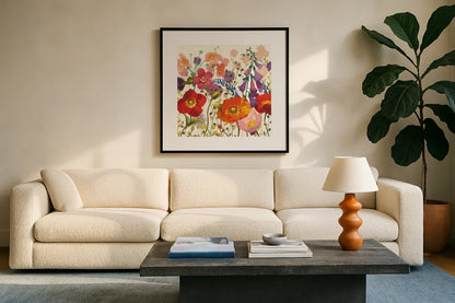 Couleur Printemps III White by Shirley Novak. Displayed in a glass frame with matte in a clean modern living room. Available as an archival giclee rolled canvas, fine art paper, or poster print. SKU 89660a.