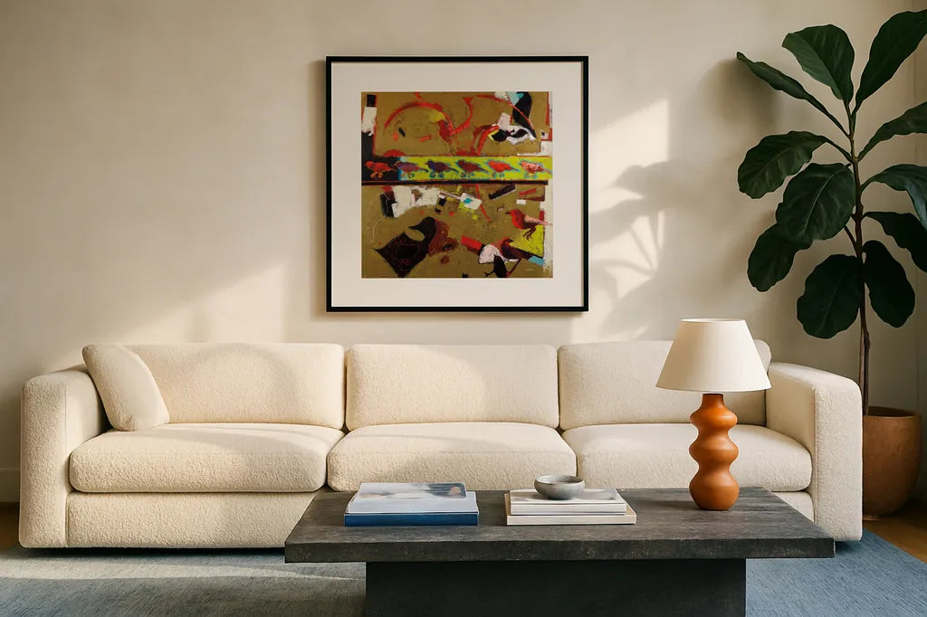 Direction Left by Shirley Novak. Displayed in a glass frame with matte in a clean modern living room. Available as an archival giclee rolled canvas, fine art paper, or poster print. SKU 92998a.