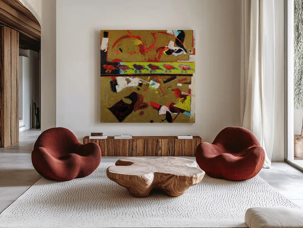 Direction Left by Shirley Novak. Shown as extra-large giant wall art in a modern living room. Available as an archival giclee rolled canvas, fine art paper, or poster print. SKU 92998a.