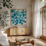 Dizzy Light Crop by Shirley Novak. Shown in a natural wood frame in a cozy modern living room. Available as an archival giclee rolled canvas, fine art paper, or poster print. SKU 25021a.
