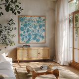 Dizzy Soft Blue Crop by Shirley Novak. Shown in a natural wood frame in a cozy modern living room. Available as an archival giclee rolled canvas, fine art paper, or poster print. SKU 75526a.