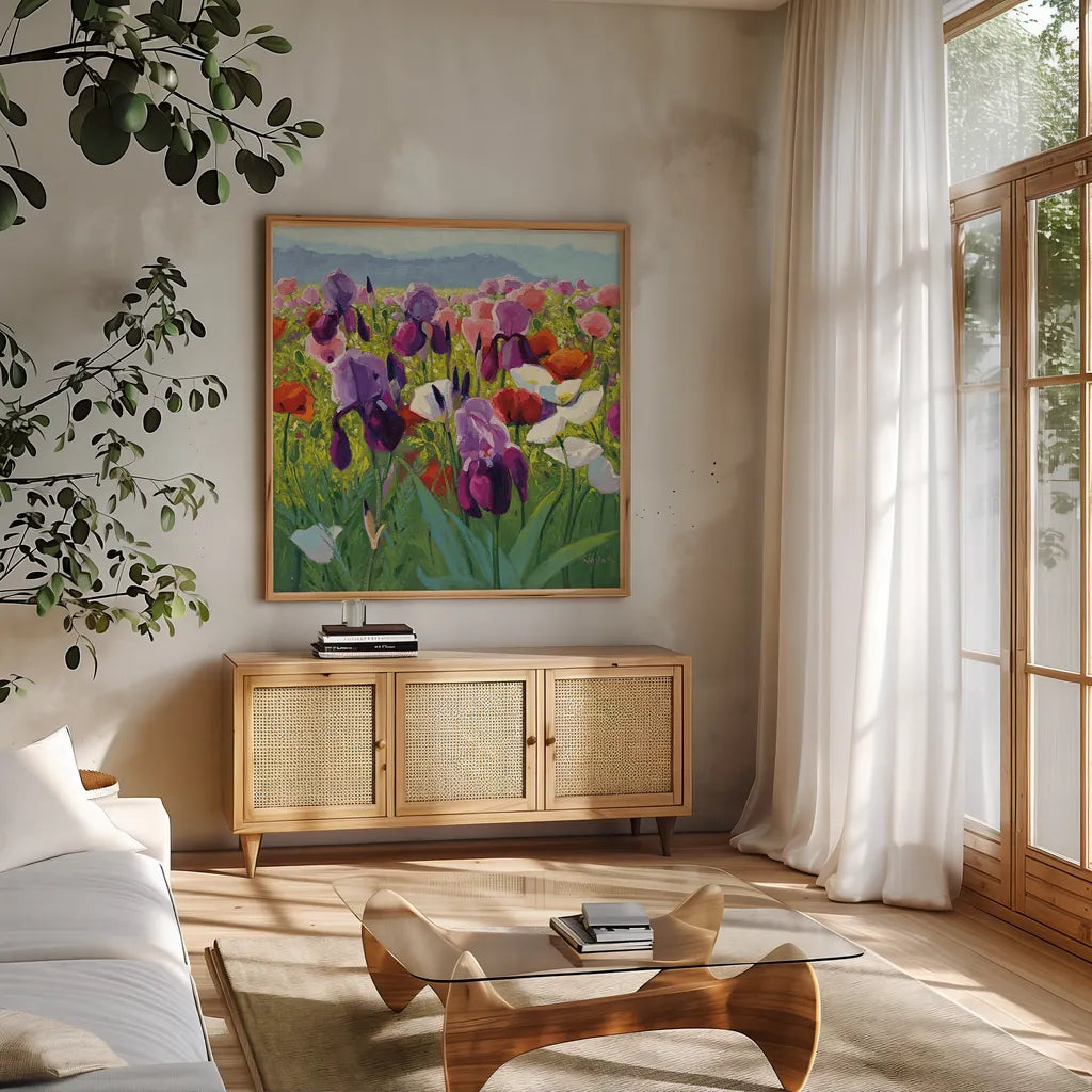 Early June by Shirley Novak. Shown in a natural wood frame in a cozy modern living room. Available as an archival giclee rolled canvas, fine art paper, or poster print. SKU 22478a.