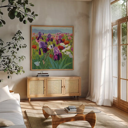 Early June by Shirley Novak. Shown in a natural wood frame in a cozy modern living room. Available as an archival giclee rolled canvas, fine art paper, or poster print. SKU 22478a.