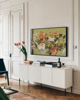 Earthy Anemones by Shirley Novak. shown as a framed stretched canvas in a living room above a console. Available as a archival giclee rolled canvas, fine art paper, or poster print. SKU 98498i.