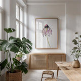 Echinacea II by Shirley Novak. shown as a print in a natural wood frame in a dining room. Available as a archival giclee rolled canvas, fine art paper, or poster print. SKU 88457h.
