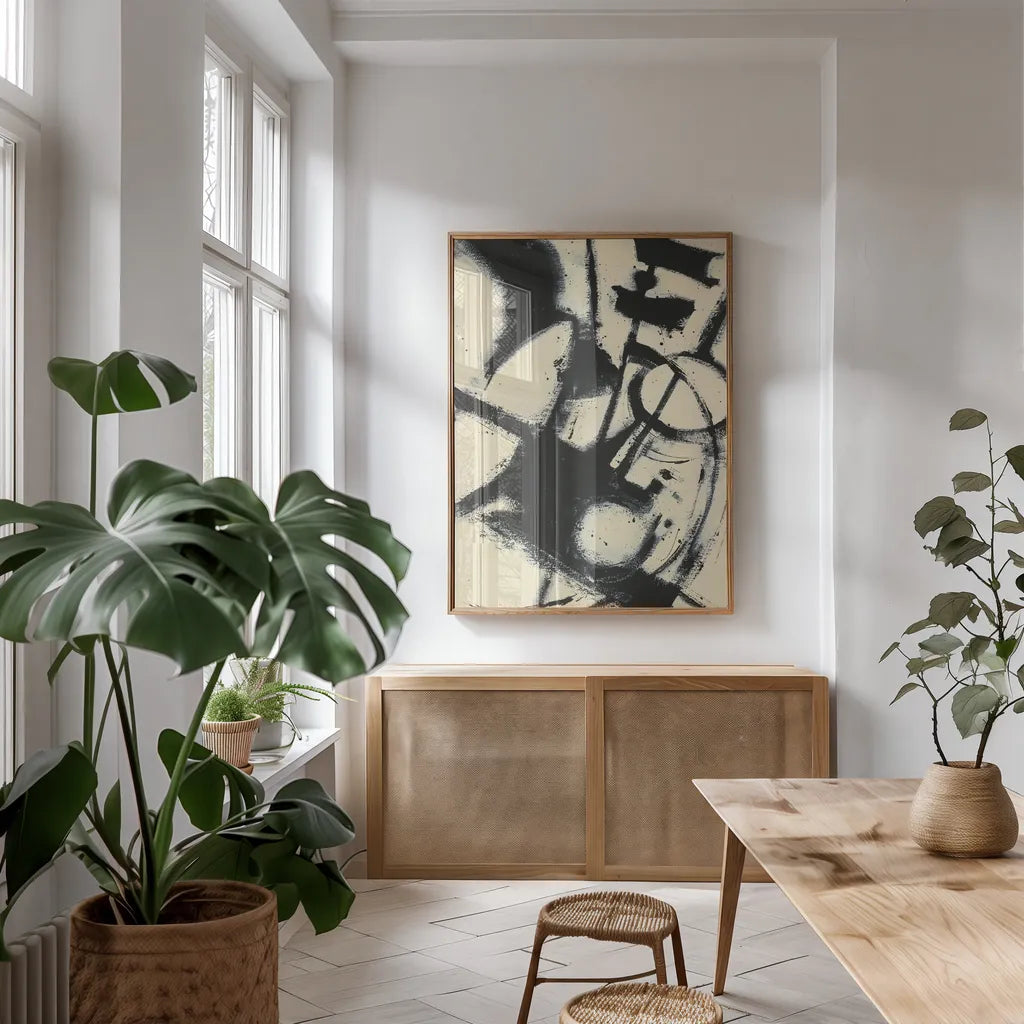 Expression Abstract II by Shirley Novak. shown as a print in a natural wood frame in a dining room. Available as a archival giclee rolled canvas, fine art paper, or poster print. SKU 23735h.