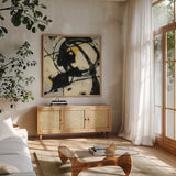 Expression Abstract III by Shirley Novak. Shown in a natural wood frame in a cozy modern living room. Available as an archival giclee rolled canvas, fine art paper, or poster print. SKU 23736a.