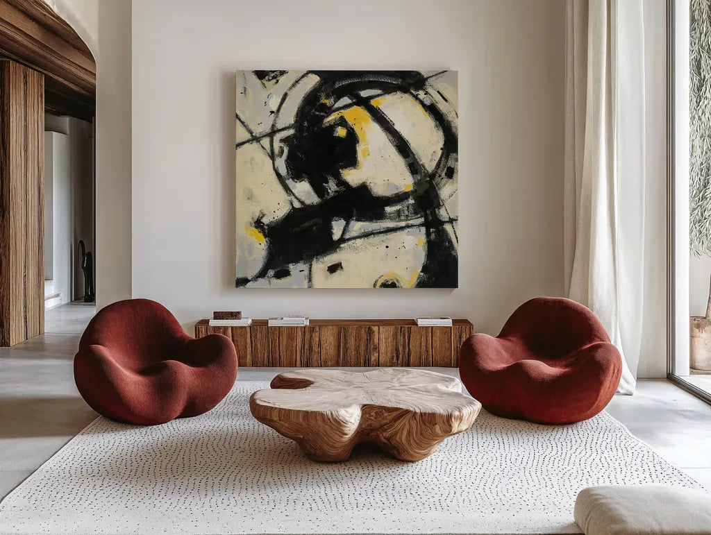 Expression Abstract III by Shirley Novak. Shown as extra-large giant wall art in a modern living room. Available as an archival giclee rolled canvas, fine art paper, or poster print. SKU 23736a.