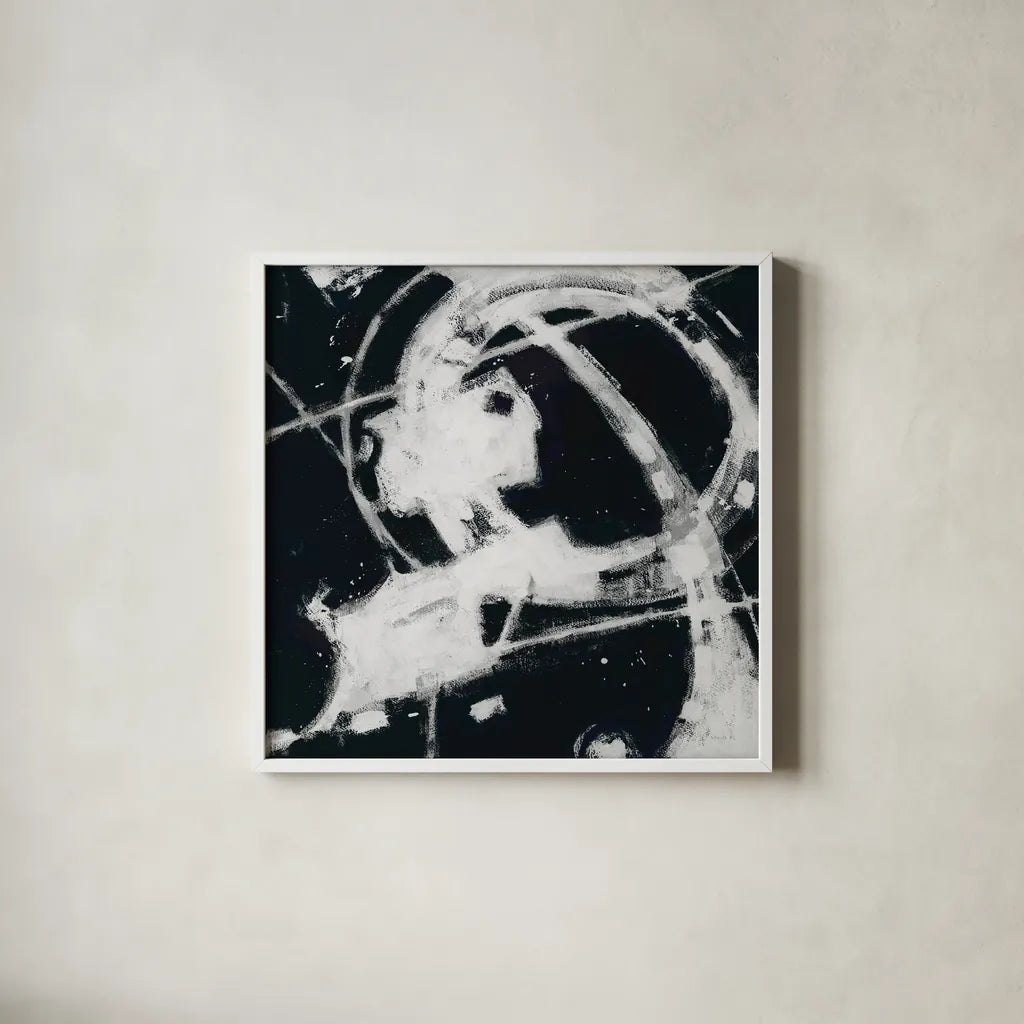 Expression Abstract III BW by Shirley Novak. Shown in a crisp white glass frame for a clean and minimalist style. Available as an archival giclee rolled canvas, fine art paper, or poster print. SKU 54815a.