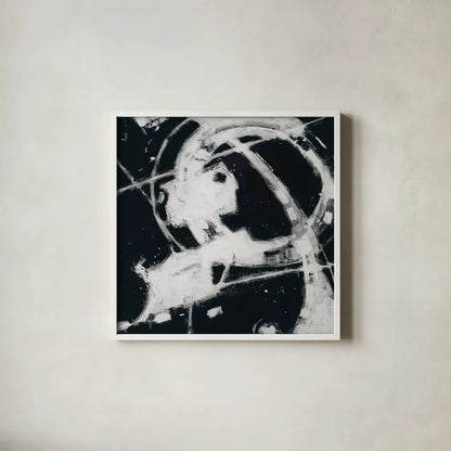 Expression Abstract III BW by Shirley Novak. Shown in a crisp white glass frame for a clean and minimalist style. Available as an archival giclee rolled canvas, fine art paper, or poster print. SKU 54815a.