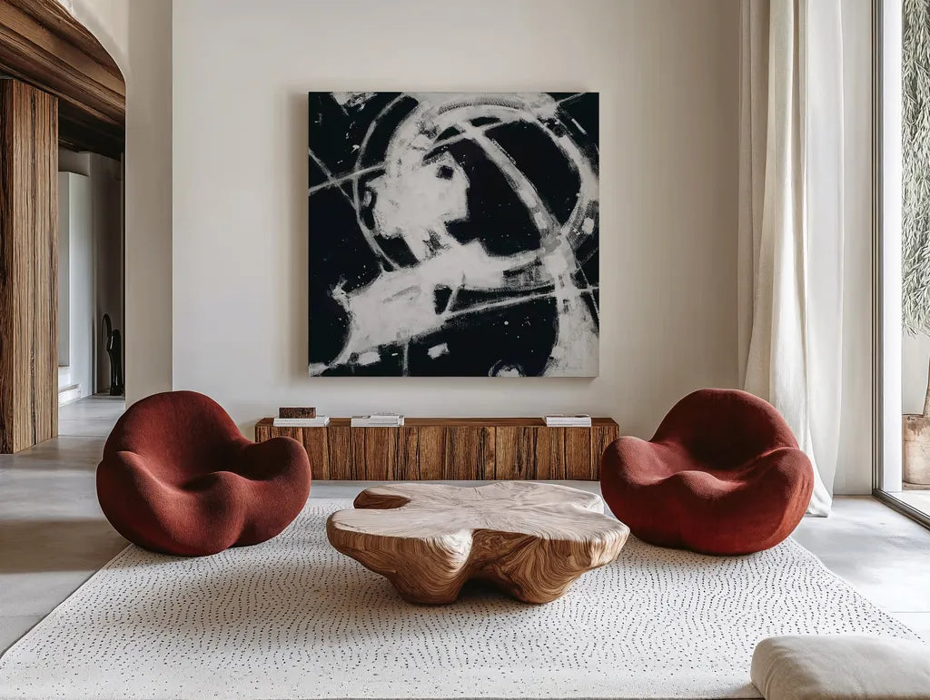 Expression Abstract III BW by Shirley Novak. Shown as extra-large giant wall art in a modern living room. Available as an archival giclee rolled canvas, fine art paper, or poster print. SKU 54815a.