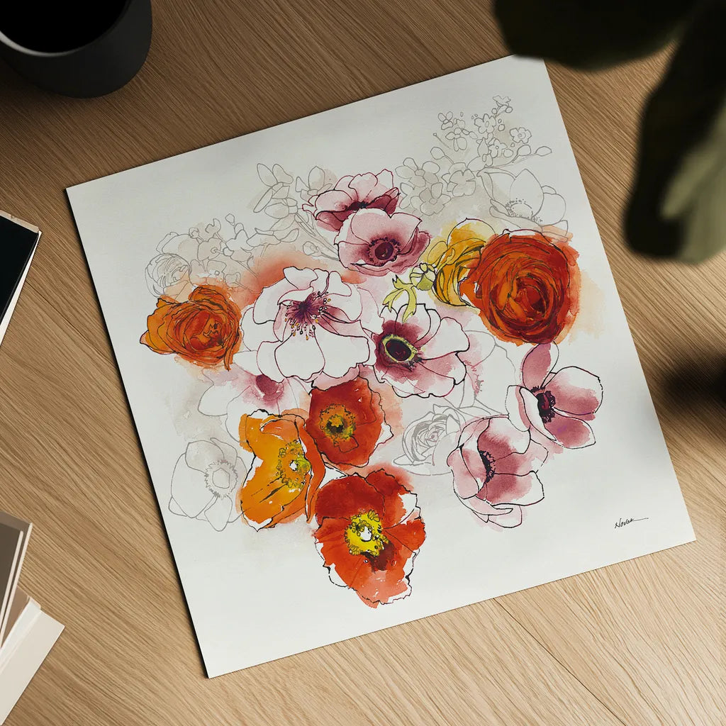 Fall Fleurs by Shirley Novak. Shown as a detailed flat fine art print, highlighting archival giclee quality. Available as an archival giclee rolled canvas, fine art paper, or poster print. SKU 35568a.