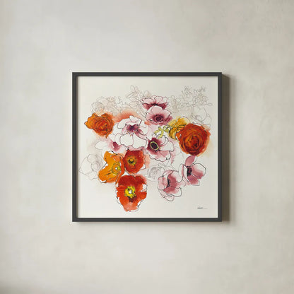 Fall Fleurs by Shirley Novak. Shown in a sleek black glass frame for a contemporary gallery look. Available as an archival giclee rolled canvas, fine art paper, or poster print. SKU 35568a.