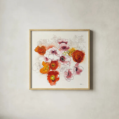 Fall Fleurs by Shirley Novak. Shown in a natural wood glass frame for a timeless modern aesthetic. Available as an archival giclee rolled canvas, fine art paper, or poster print. SKU 35568a.