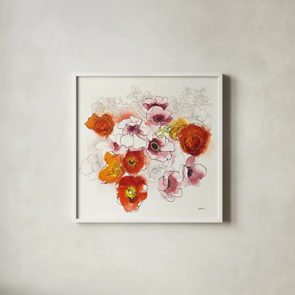 Fall Fleurs by Shirley Novak. Shown in a crisp white glass frame for a clean and minimalist style. Available as an archival giclee rolled canvas, fine art paper, or poster print. SKU 35568a.