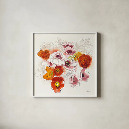 Fall Fleurs by Shirley Novak. Shown in a crisp white glass frame for a clean and minimalist style. Available as an archival giclee rolled canvas, fine art paper, or poster print. SKU 35568a.