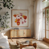 Fall Fleurs by Shirley Novak. Shown in a natural wood frame in a cozy modern living room. Available as an archival giclee rolled canvas, fine art paper, or poster print. SKU 35568a.