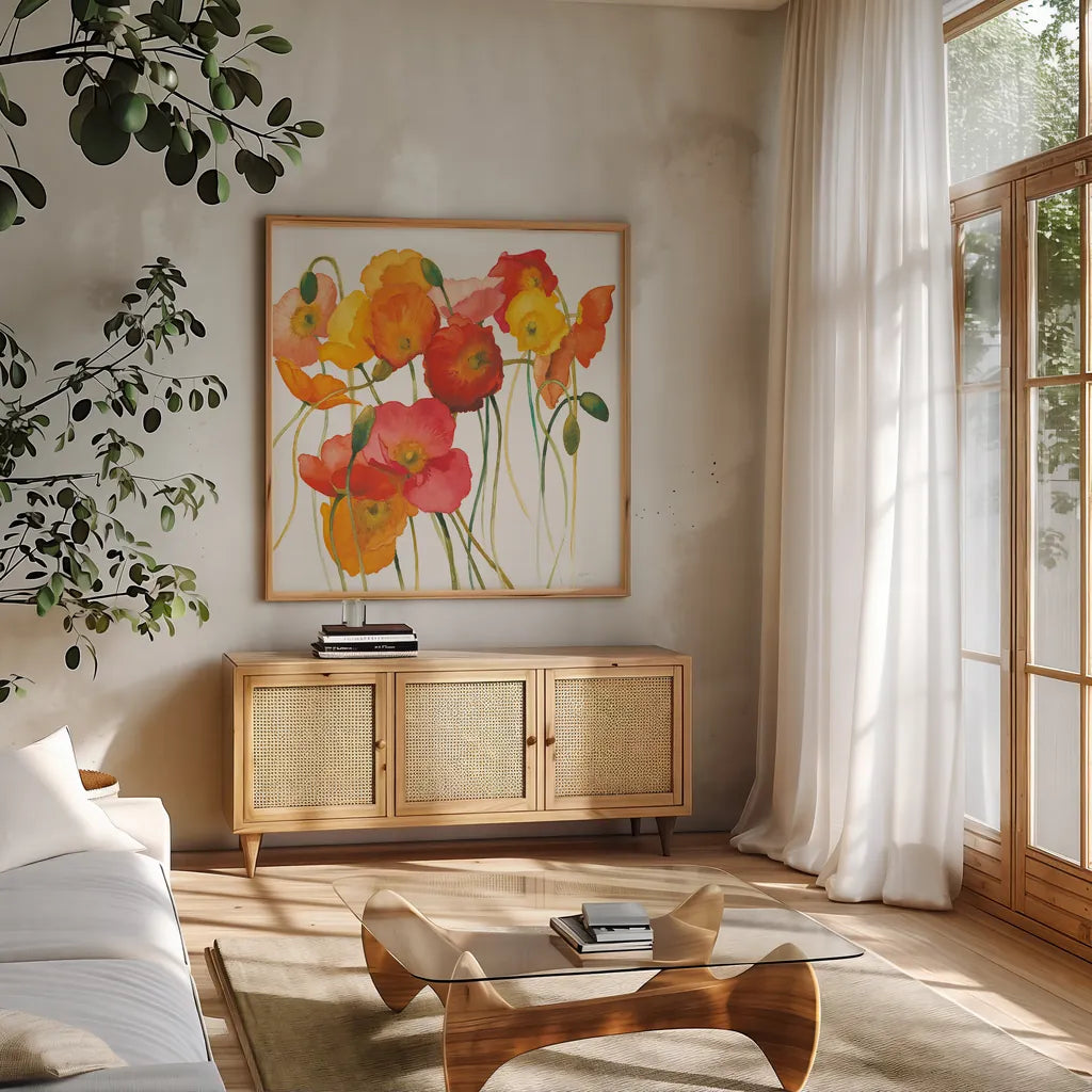 Fall Icelands Sq Crop by Shirley Novak. Shown in a natural wood frame in a cozy modern living room. Available as an archival giclee rolled canvas, fine art paper, or poster print. SKU 22762a.