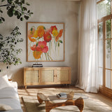 Fall Icelands Sq Crop by Shirley Novak. Shown in a natural wood frame in a cozy modern living room. Available as an archival giclee rolled canvas, fine art paper, or poster print. SKU 22762a.