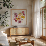 Fall Ruffles II by Shirley Novak. Shown in a natural wood frame in a cozy modern living room. Available as an archival giclee rolled canvas, fine art paper, or poster print. SKU 35569a.
