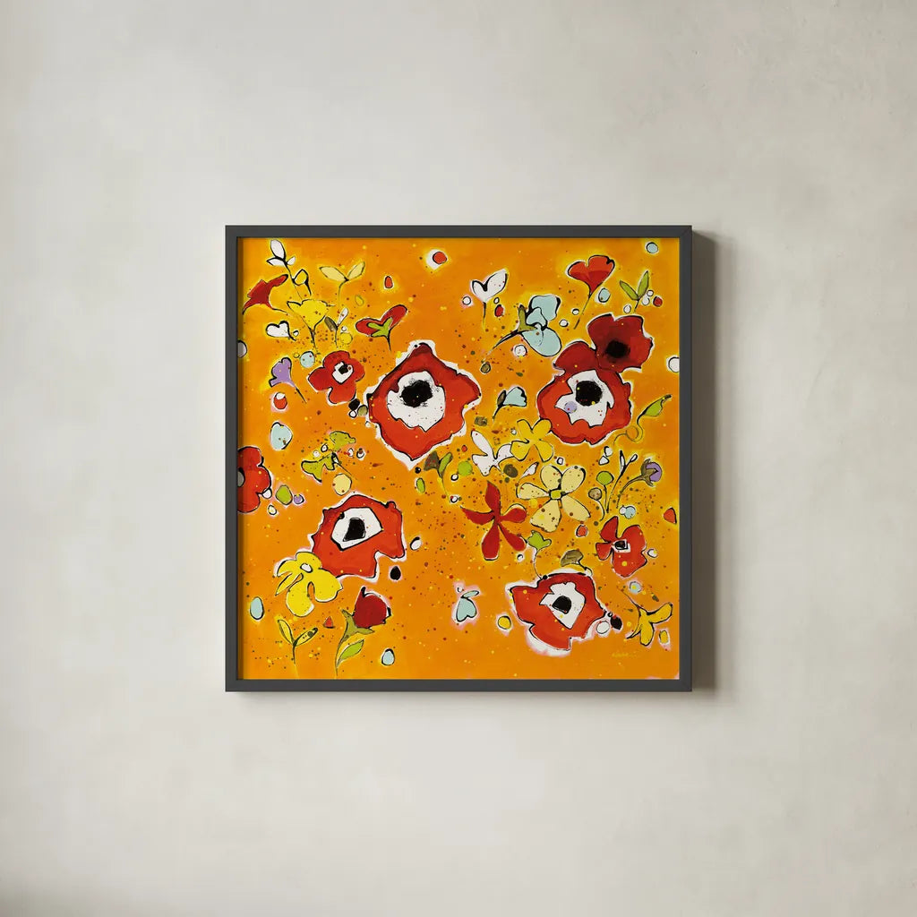 Fleur Amusement by Shirley Novak. Shown in a sleek black glass frame for a contemporary gallery look. Available as an archival giclee rolled canvas, fine art paper, or poster print. SKU 31256a.