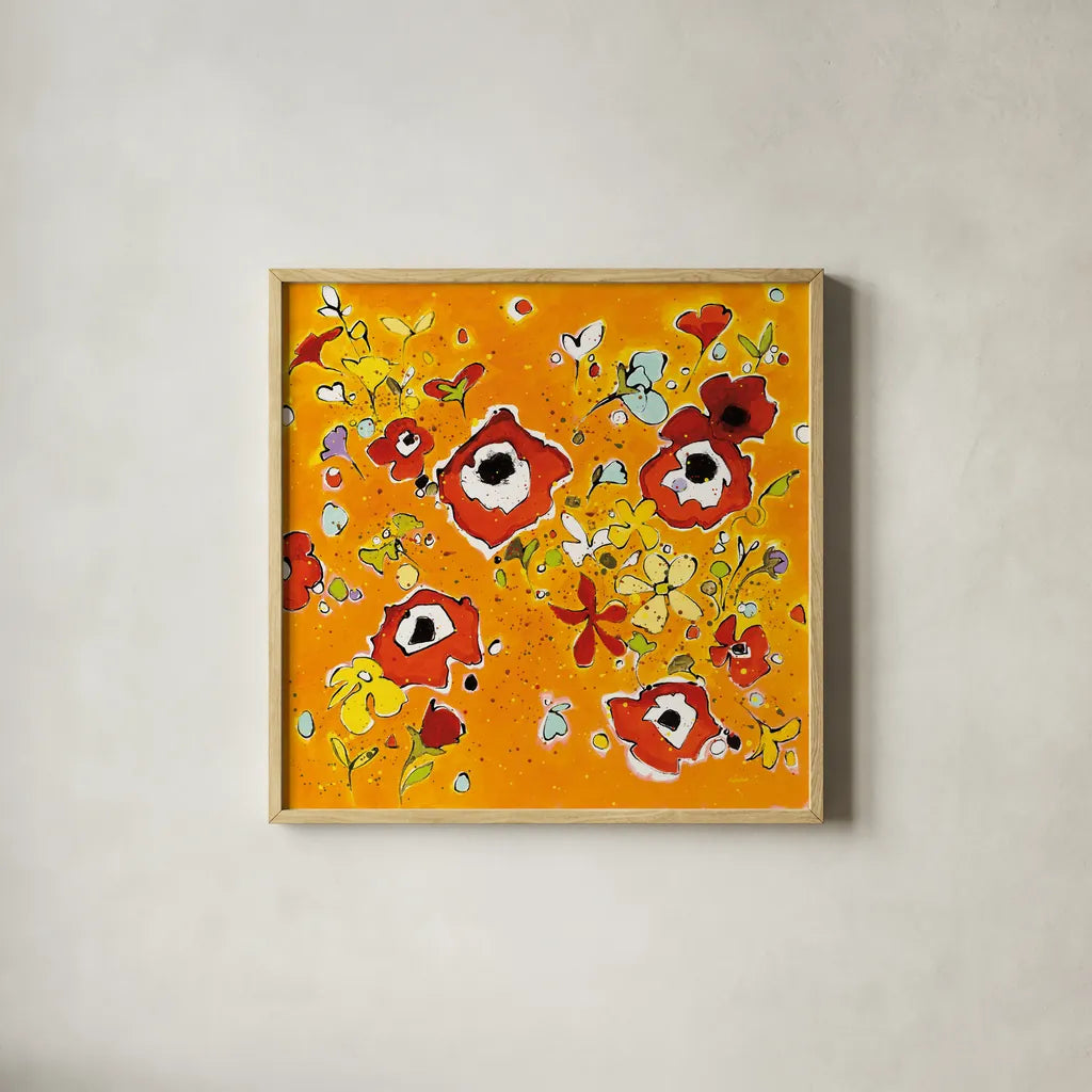 Fleur Amusement by Shirley Novak. Shown in a natural wood glass frame for a timeless modern aesthetic. Available as an archival giclee rolled canvas, fine art paper, or poster print. SKU 31256a.