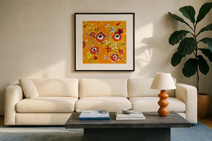 Fleur Amusement by Shirley Novak. Displayed in a glass frame with matte in a clean modern living room. Available as an archival giclee rolled canvas, fine art paper, or poster print. SKU 31256a.