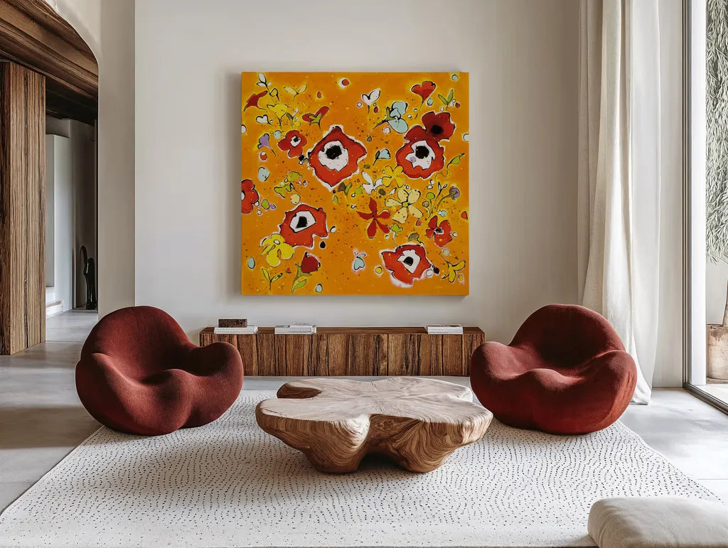 Fleur Amusement by Shirley Novak. Shown as extra-large giant wall art in a modern living room. Available as an archival giclee rolled canvas, fine art paper, or poster print. SKU 31256a.