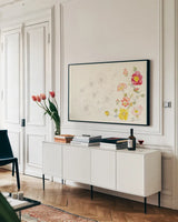 Floral Elements by Shirley Novak. shown as a framed stretched canvas in a living room above a console. Available as a archival giclee rolled canvas, fine art paper, or poster print. SKU 94014i.