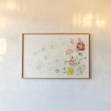 Floral Elements by Shirley Novak. shown as a paper print in a natural frame. Available as a archival giclee rolled canvas, fine art paper, or poster print. SKU 94014i.