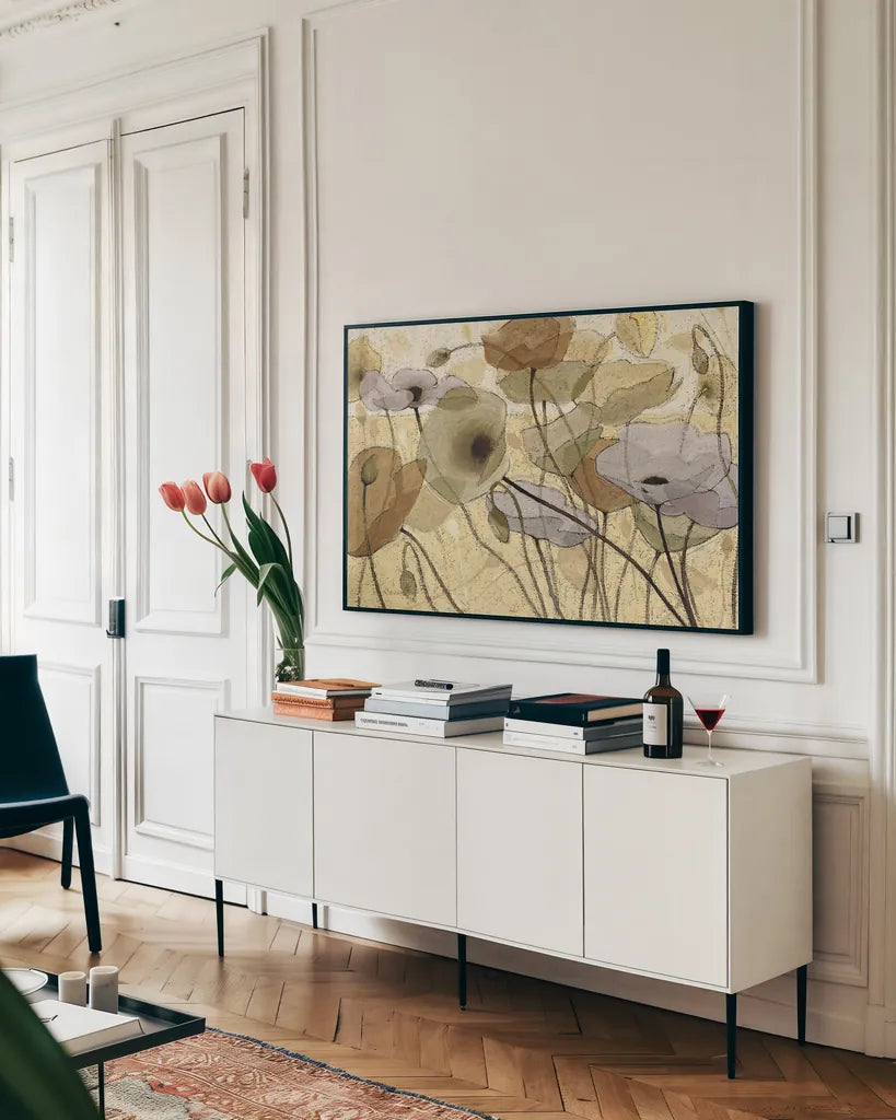Fluidity IV by Shirley Novak. shown as a framed stretched canvas in a living room above a console. Available as a archival giclee rolled canvas, fine art paper, or poster print. SKU 4685i.