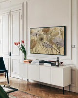 Fluidity IV by Shirley Novak. shown as a framed stretched canvas in a living room above a console. Available as a archival giclee rolled canvas, fine art paper, or poster print. SKU 4685i.