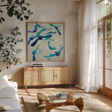 Fly Away by Shirley Novak. Shown in a natural wood frame in a cozy modern living room. Available as an archival giclee rolled canvas, fine art paper, or poster print. SKU 88684a.
