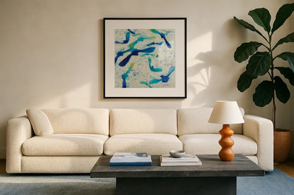 Fly Away by Shirley Novak. Displayed in a glass frame with matte in a clean modern living room. Available as an archival giclee rolled canvas, fine art paper, or poster print. SKU 88684a.