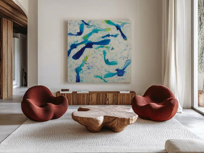 Fly Away by Shirley Novak. Shown as extra-large giant wall art in a modern living room. Available as an archival giclee rolled canvas, fine art paper, or poster print. SKU 88684a.